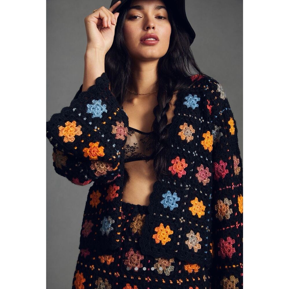 Anthropologie Anna Sui Crochet Cardigan Sweater Open Front Multicolor Boho Mediu